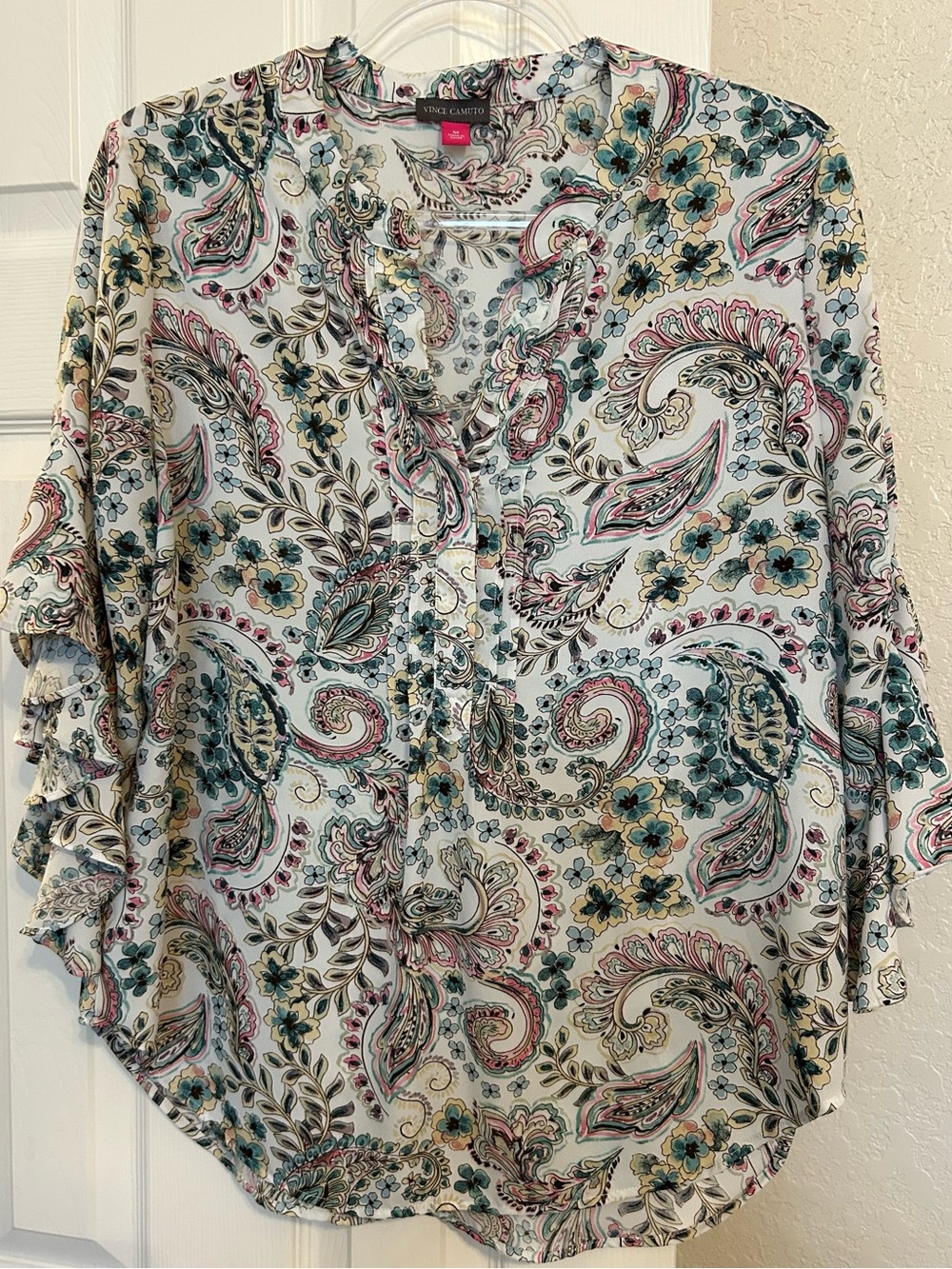 Vince Camuto White Paisley & Floral Ruffle-Sleeve Blouse